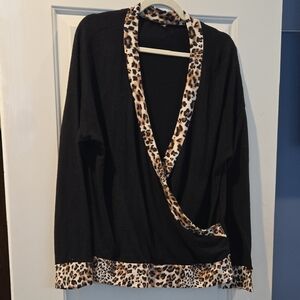 Amazon Essentials Black Sweater with Animal Print Trim